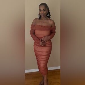 Elegant Brown Ruched Midi Dress